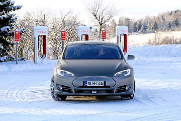 Image showing Tesla Model S Electric Car in Winter