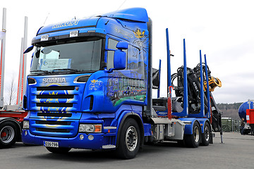 Image showing Customized Blue Scania Logging Truck on Display