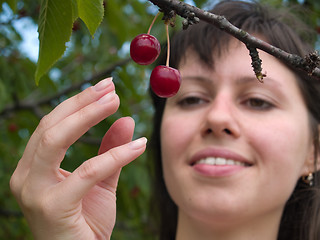 Image showing Lady picks cherry