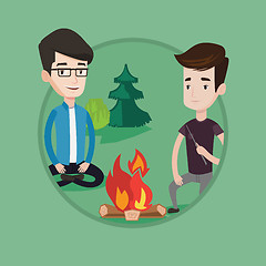 Image showing Two friends sitting around bonfire in camping.