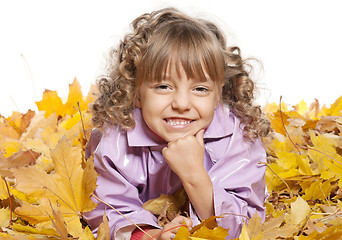 Image showing Little girl with maple leaves