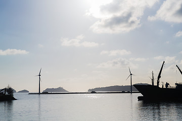 Image showing turbines at wind farm on sea shore