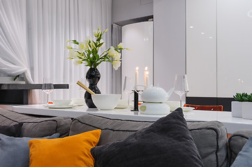 Image showing Modern white kitchen and living room