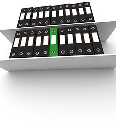 Image showing Green File Amongst Black On Shelves For Getting Office Organized