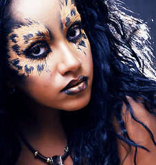 Image showing beauty afro girl with cat make up, creative leopard print closeu