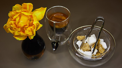 Image showing Cup of espresso coffee, sugar and yellow tulip.