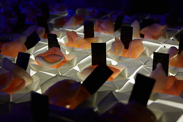 Image showing Beautifully decorated catering banquet table with different food snacks.