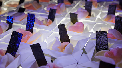 Image showing Beautifully decorated catering banquet table with different food snacks.