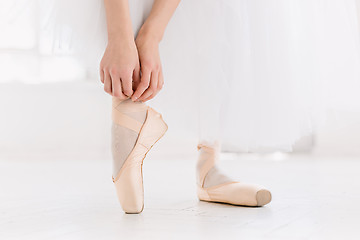 Image showing Young ballerina dancing, closeup on legs and shoes, standing in pointe position.