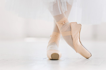 Image showing Young ballerina, closeup on legs and shoes, standing in pointe position.