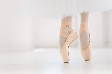 Image showing Young ballerina, closeup on legs and shoes, standing in pointe position.