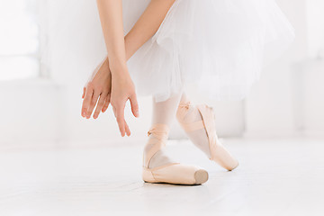 Image showing Young ballerina dancing, closeup on legs and shoes, standing in pointe position.