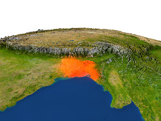 Image showing Bangladesh in red from orbit