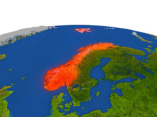 Image showing Norway in red from orbit