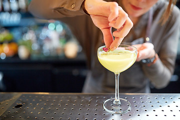 Image showing bartender decorating glass of cocktail at bar