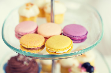 Image showing close up of cake stand with macaroon cookies