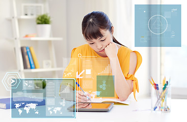 Image showing bored asian woman student with tablet pc at home