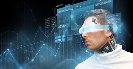 Image showing man in virtual reality glasses and microchip