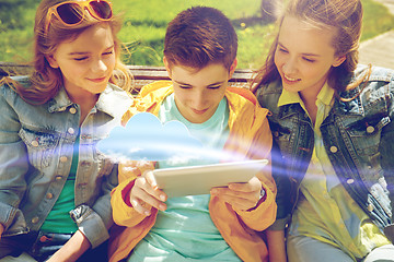 Image showing students or friends with tablet pc outdoors