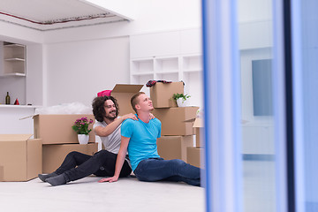 Image showing young  gay couple moving  in new house