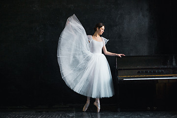 Image showing Young and incredibly beautiful ballerina is posing in a black studio