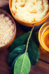 Image showing close up of body scrub in wooden bowl