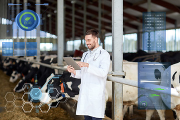 Image showing veterinarian with tablet pc and cows on dairy farm