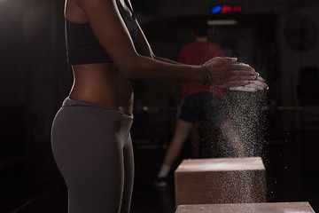 Image showing black woman preparing for climbing workout