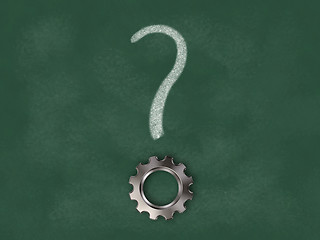 Image showing question mark with gear wheel point on chalkboard  background - 3d illustration