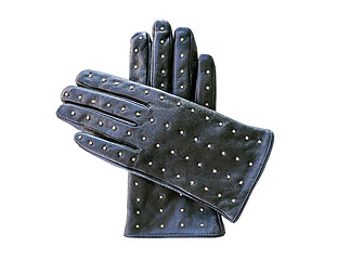 Image showing Black leather gloves with metal rivets isolated on white backgro