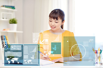 Image showing happy asian young woman student learning at home