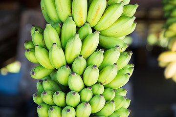 Image showing bunch of green bananas at street market