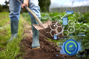 Image showing man with shovel digging garden bed or farm