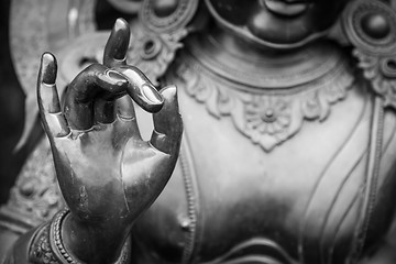 Image showing Detail of Buddha statue with Karana mudra hand position