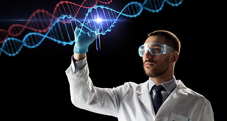 Image showing scientist with test tube and dna molecule