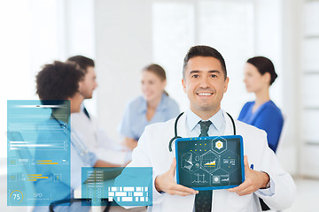 Image showing happy doctor with tablet pc over team at clinic