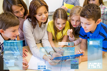 Image showing group of kids with teacher and tablet pc at school