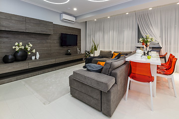 Image showing Modern white living room with dining table