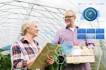 Image showing senior couple with box of vegetables on farm