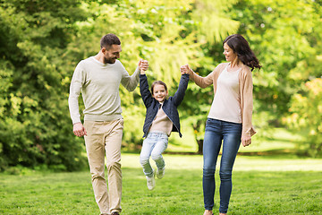 Image showing happy family walking in summer park and having fun