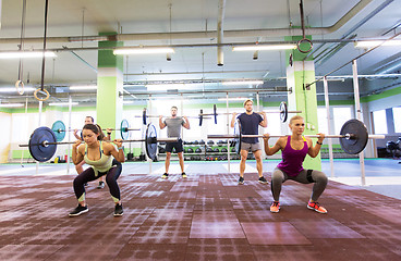 Image showing group of people training with barbells in gym