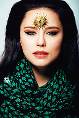 Image showing beauty eastern real muslim woman with jewelry close up, bride wi