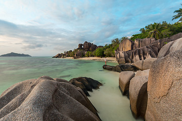 Image showing Dramatic sunset at Anse Source d\'Argent beach, La Digue island, Seychelles