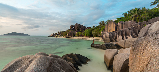 Image showing Dramatic sunset at Anse Source d\'Argent beach, La Digue island, Seychelles