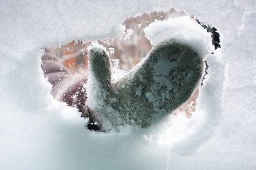 Image showing hand in mitten cleaning window of car