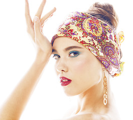 Image showing young pretty modern girl with bright shawl on head emotional posing isolated on white background, asian people ethnicity