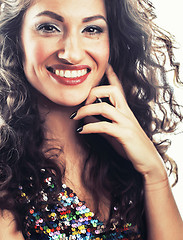 Image showing young brunette woman with curly hairstyle in fancy glamur dress 