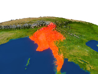 Image showing Myanmar in red from orbit