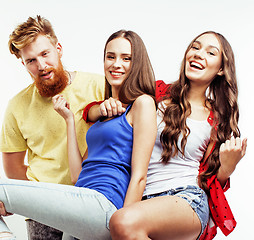 Image showing company of hipster guys, bearded red hair boy and girls students having fun together friends, diverse fashion style, lifestyle people concept isolated on white background 