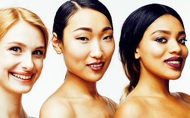 Image showing three different nation woman: asian, african-american, caucasian together isolated on white background happy smiling, diverse type on skin, lifestyle people concept 